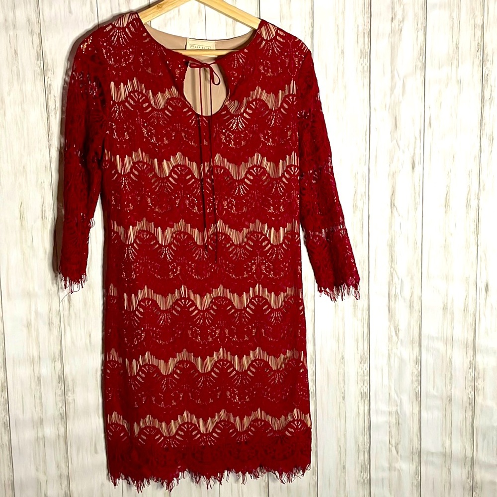 Red and tan knee length dress